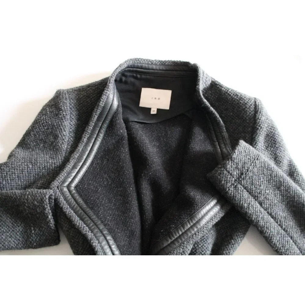 IRO Cooley Tweed Belted Jacket Grey Size 38 Medium Wool Lamb Leather Trim - Picture 5 of 8